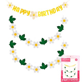 Partyshow 雛菊生日派對掛飾 + 花朵掛飾 2件組, 1組, 生日快樂拉旗 黃色