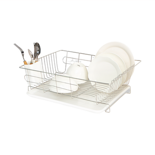 eSPACE 單層方形盤子晾曬架 + 托盤 + 勺筷瀝水桶 460 x 350 x 160mm, 白色, 1層, 1組
