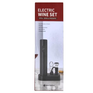 電動紅酒開瓶器套裝，含開瓶器、倒酒器、真空塞、割箔器、儲存底座，電池供電, 黑色, 1個