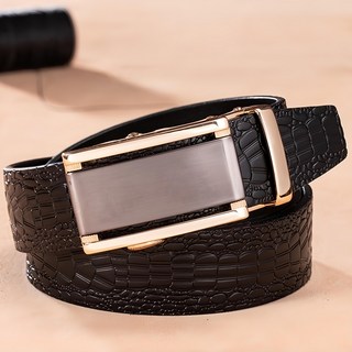 真皮頭層牛皮鱷魚紋路男士自動扣皮帶腰帶 合金扣頭, 帶長110~130 x 帶寬3.5 x 釦頭長3.6cm, 金釦黑色