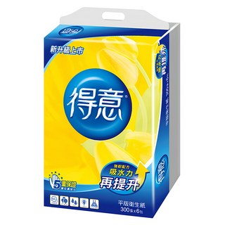 得意 平版衛生紙 300張 紙質細緻柔軟 柔韌不易破, 6包, 1袋