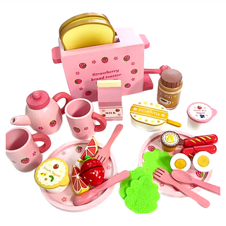 木製玩具家家酒組，29件，手工製作，仿真紋路與顏色, 吐司麵包, 1組