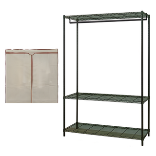 dayneeds 日需百備 輕型 三層單桿衣櫥 含防塵布套, 黑色 + 米白