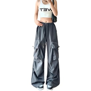 HL4097美式復古鬆緊直筒闊腿工裝褲, 腰寬27cm + 臀寬50cm + 大腿寬30cm + 褲腳寬24cm + 全長101cm, 深灰