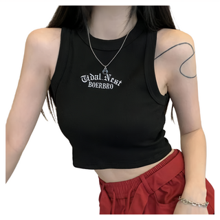 削肩無袖刺繡背心, 黑