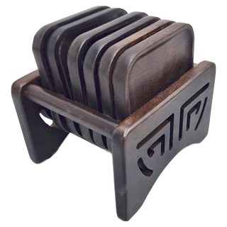 方形茶托六入杯墊組 杯墊六片套裝+框架, 510g, 天然黑檀木, 1組