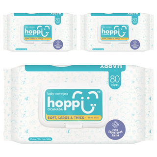 hoppi嬰兒純水濕紙巾 經濟包 敏感肌適用 99%純水 50 gsm 精選水刺無紡布, 80張, 3包