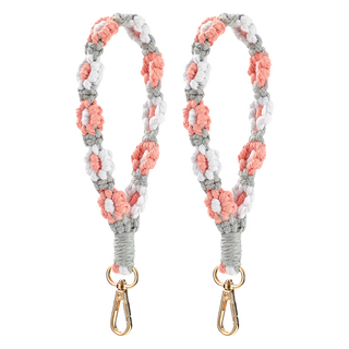 手機掛繩，棉繩手工編織植物花卉原創設計, C 灰繩 粉白花, 1組