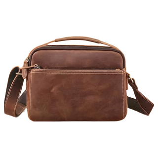 真皮頭層瘋馬牛皮復古男士肩背包斜背包, 26.5 × 8.5 × 20cm, 咖啡色