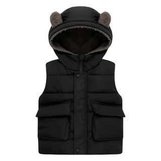 兒童秋冬羽絨熊耳朵背心 黑色, 110碼 110~120cm