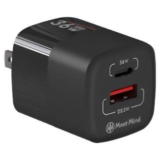 Meet Mind 平優系列 Pingyou 36W 氮化鎵超快速充電器 雙孔輸出 迷你尺寸 BSMI安規認證, 黑色, 1個