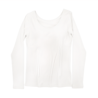 BRA 長袖T恤, 深U帶胸墊保暖打底, 內裡磨毛, M, 白色