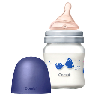 Combi 康貝真實含乳寬口玻璃奶瓶-日本製造, 7度吸, 亞洲寶寶適用, 藍色, 120ml, 1個