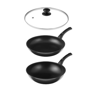 comet Kitchen 鍋具3件組 28cm, 1組, 平底鍋 + 炒鍋 + 玻璃鍋蓋, 灰色