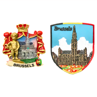 A-ONE 匯旺 比利時布魯塞爾 尿尿小童白板磁鐵 + 根特布藝徽章 2件組, 1組