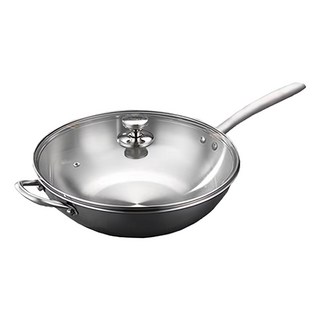 KNF 康尼菲 316不鏽鋼IH複合金炒鍋 附鍋蓋, 無塗層防刮不沾鍋，均勻受熱節能，適用各種爐具, 1個, 34cm