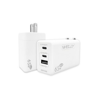 WELLY 65W 氮化鎵充電器, PD3.0/QC4+/PPS/AFC/FCP協議, 110-240V, 白色, 1個