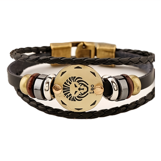 LIKEHOUSE 12星座 頭層牛皮編織合金手環 時尚奢華編織優雅, 20.5~21cm, 獅子