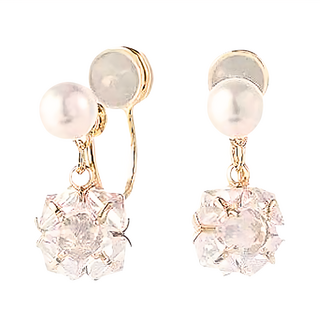 ROCiO 無耳洞耳夾式頂級CZ鑽淡水珍珠鍍14K金耳環, 金色 + 白色