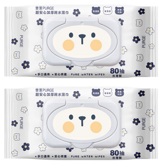 PURGE 普潔 超安心加厚純水濕巾 花漾小熊 無酒精 無香精 台灣製, 1包, 2包