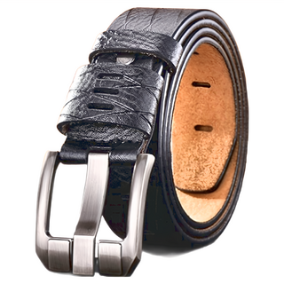 真皮 牛皮做舊疤痕 男士針釦皮帶 合金釦頭, 黑色, 130 x 3.8cm