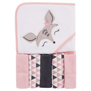 HUDSON BABY 新生兒浴包巾/小方巾5件組, 花朵小鹿 白色 + 粉色, 1組