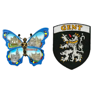 A-ONE 匯旺 比利時蝴蝶特色地標磁鐵 + 根特徽章 2件組, 刺繡徽章7.5 x 6.4cm, C225 + 40