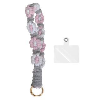 春夏編織小雛菊花朵手腕掛繩+透明墊片手機殼掛繩(iPhone/安卓通用款), 1組, 灰色+白色+粉色