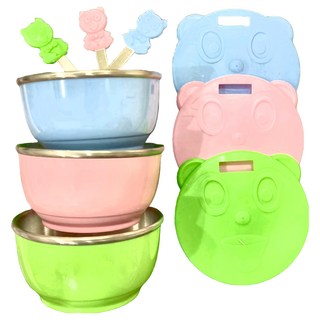 304不鏽鋼馬卡龍碗三件組 附可愛造型湯匙與有孔碗蓋 混合顏色, 1組, 藍色 + 粉色 + 綠色