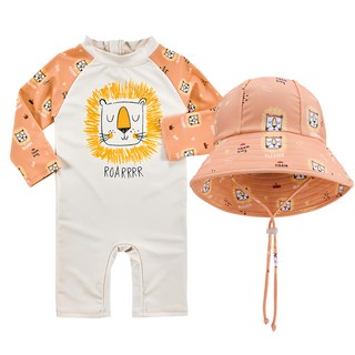 愛北鼻 寶寶連體泳衣送遮陽帽 長袖連身泳衣 女童泳裝, 1入, 橘獅子, 4碼