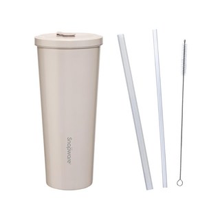 Corelle Brands 康寧餐具 Snapware 陶瓷不鏽鋼真空保溫吸管杯 附吸管3件組, 杏仁奶油, 800ml, 1組