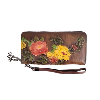 頭層牛皮手工彩繪圖騰女士拉鍊皮夾錢包長夾女夾 LH1037