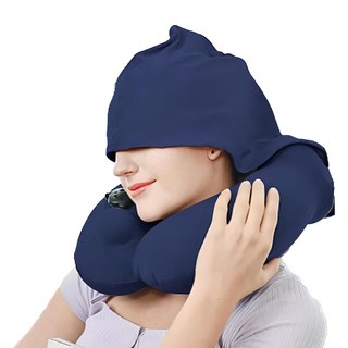 OMORY 連帽按壓充氣頸枕 附收納袋, 深藍色, 1個