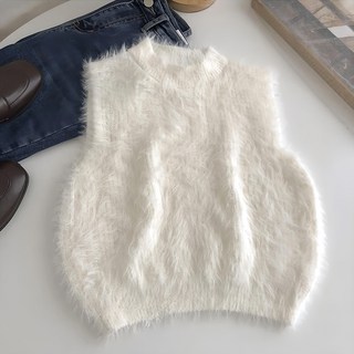 水貂毛針織背心 棉20%+聚酯纖維80%, 肩寬25cm + 胸寬29cm + 全長34cm, 白