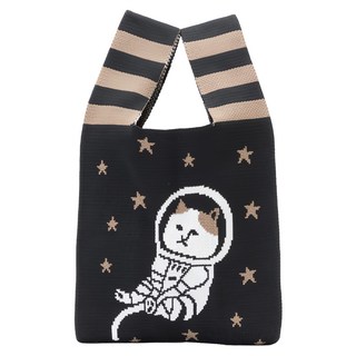 NEKONOBA 針織購物袋 宇宙貓NYASA, 黑色, 1個
