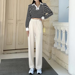 薄款慵懶抽繩垂墜直筒休閒褲, 腰寬27cm,臀寬50cm,大腿寬25cm,褲腳寬24cm, 米白