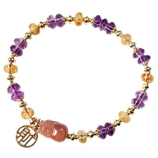 財神小舖 財緣雙收 太陽石貔貅手鍊，黃水晶 紫水晶 電鍍14K金 手圍13~15.5cm, 財字約1cm + 貔貅約0.8 x 1.1cm+ 黃水晶約0.6 x 0.3cm + 紫水晶約0.6 x 0.3cm, SLP 2336, 1個