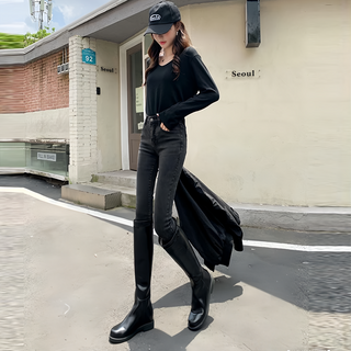 高腰彈力貼身牛仔褲，棉+聚酯纖維材質, M, 黑灰