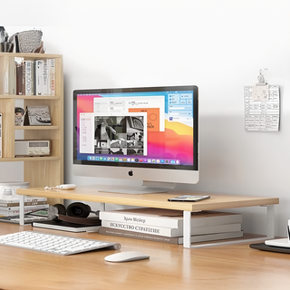 德利生活 螢幕增高架 寬大檯面 人造板+鐵材質, 原木 + 白架