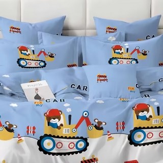 A-ONE 雪紡棉被套, 環保印染, 耐洗耐用, 吸濕透氣, 台灣製造, 雙人, 挖土機小熊