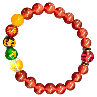 財神小舖 財神護佑 五行補運手鍊 白瑪瑙 綠瑪瑙 黑曜石 紅瑪瑙 黃瑪瑙 五姓財神珠約8mm 水晶珠約8mm 手圍長度: 14-18cm, 火, 1條
