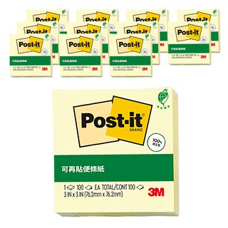 3M Post-it 利貼 狠黏100%環保再生紙 3x3便條紙, 黃色, 70張, 12本