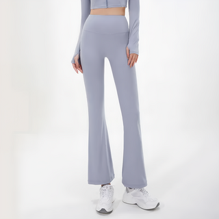 無縫蜜桃修身彈力喇叭褲, 提臀高腰設計, L, 灰湖藍