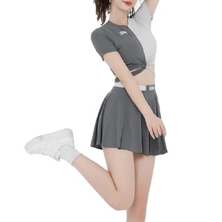 成人女生泳衣 交叉短袖分體褲裙套裝, 黑白相間