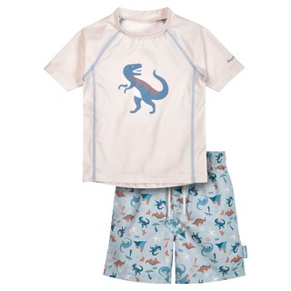 Playshoes兒童抗UV防曬短袖兩件組泳裝配海灘褲-恐龍, 柔軟舒適，夏日玩水必備, 86/92, 淺米色, 1入