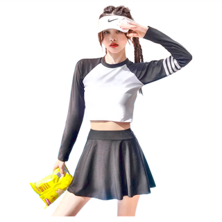 分體運動泳衣 長袖褲裙套裝, M碼, 黑色