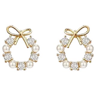 ROCiO 頂級CZ鑽淡水珍珠鍍14K金 無耳洞耳夾式耳環, 金色