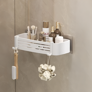 超級工廠 浴室置物架 四方架 附無痕貼片,32 x 12 x 6.8cm, 高貴白, 免打孔安裝, 1個