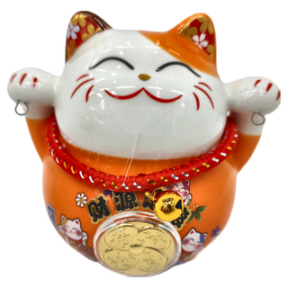 WANDU 瓦讀 財源滾滾轉賺招財貓擺飾, 陶瓷材質, 12x10x12cm, 12 x 10 x 12cm, 桔色