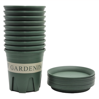 Gardenit 園藝用 塑膠 開縫花盆 + 開縫底盤 套組, 現代綠色, 10件